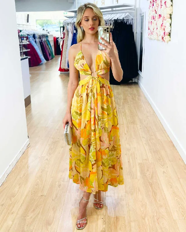 Shop and Save Nina Chiffon Midi Dress - Yellow Floral