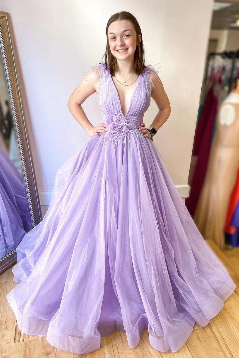 New Deals Lilac Low V-Neck Tulle A-Line Party Prom Dress