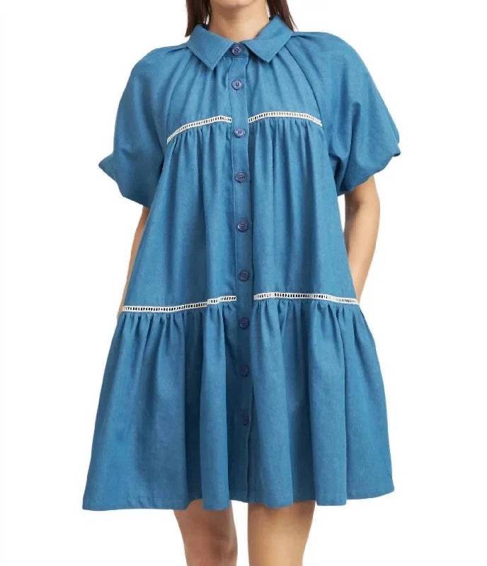 Massive Deals Bubble Sleeve Shirt Dress In Chambray