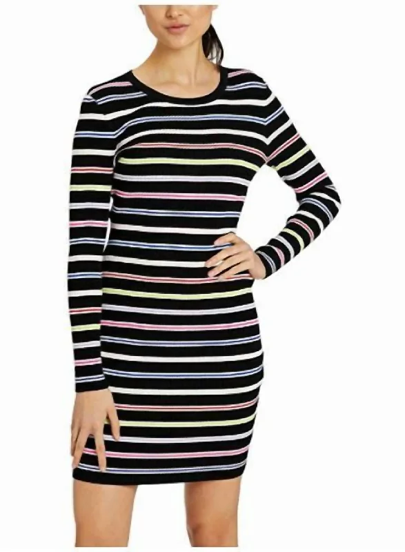 Huge Discounts Stripe Knit Stretch Bodycon Long Sleeve Mini Dress In Multi Black