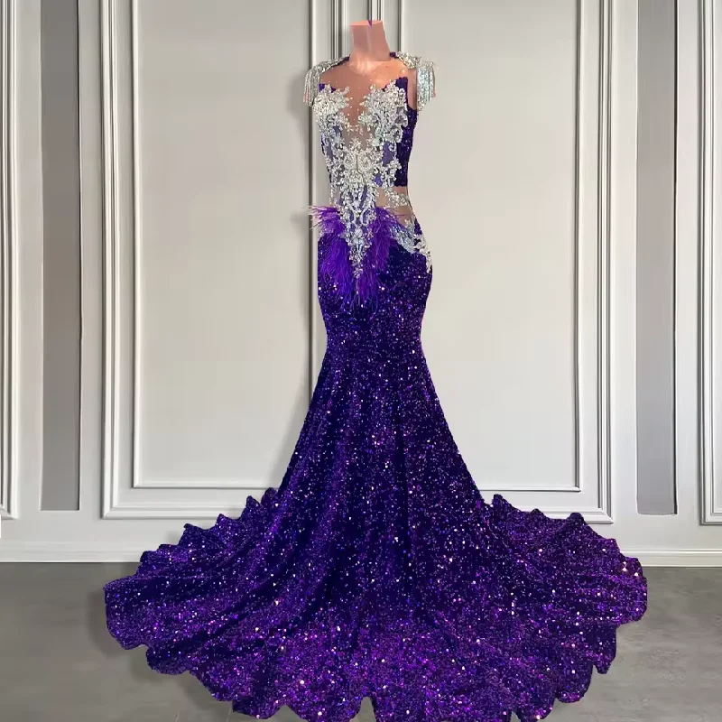 Referral Discount Long Purple Sequin Prom Dresses for Black Girls Cut Out Luxury Beaded Crystal Feather Mermaid Prom Gala Gowns Customized Referral Discount Long Purple Sequin Prom Dresses for Black Girls Cut Out Luxury Beaded Crystal Feather Mermaid Prom Gala Gowns Customized