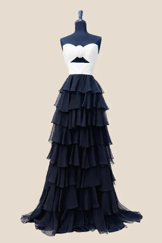Last Chance Strapless White and Black Rosette Tiered Long Dress