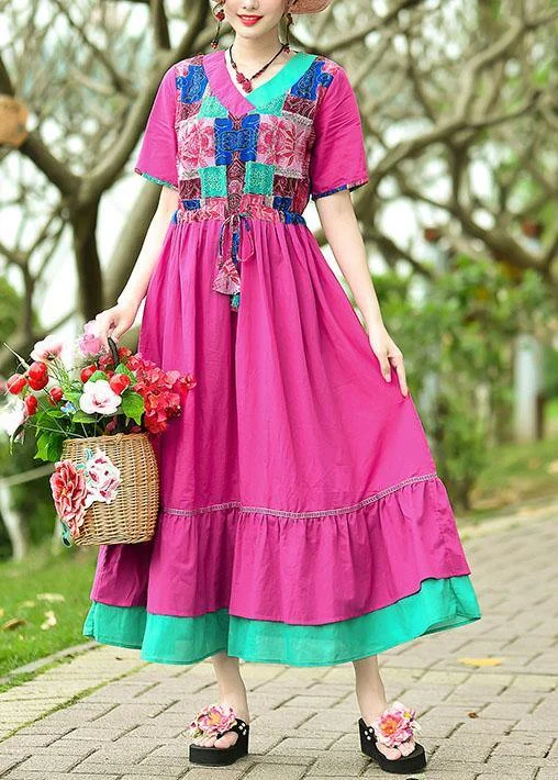 The Best Prices Elegant rose cotton clothes v neck patchwork Maxi summer Dresses