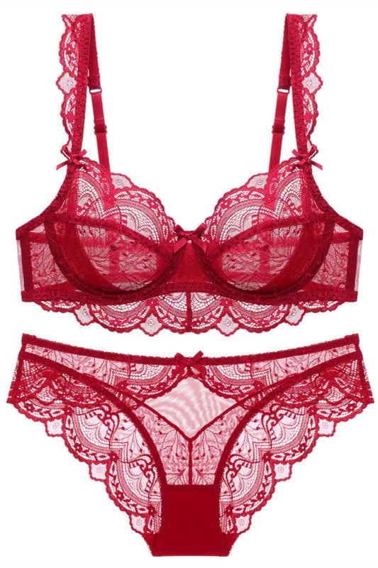Sale Event Free Shipping Illusion Red Lace Lingerie Set
