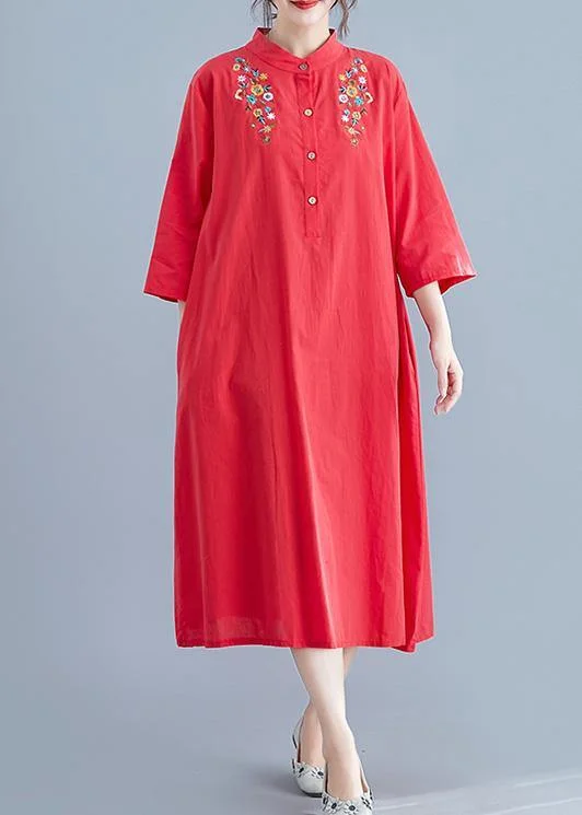 Bargain Prices Elegant stand collar pockets cotton tunics for women Work Outfits red embroidery Maxi Dresses summer Bargain Prices Elegant stand collar pockets cotton tunics for women Work Outfits red embroidery Maxi Dresses summer