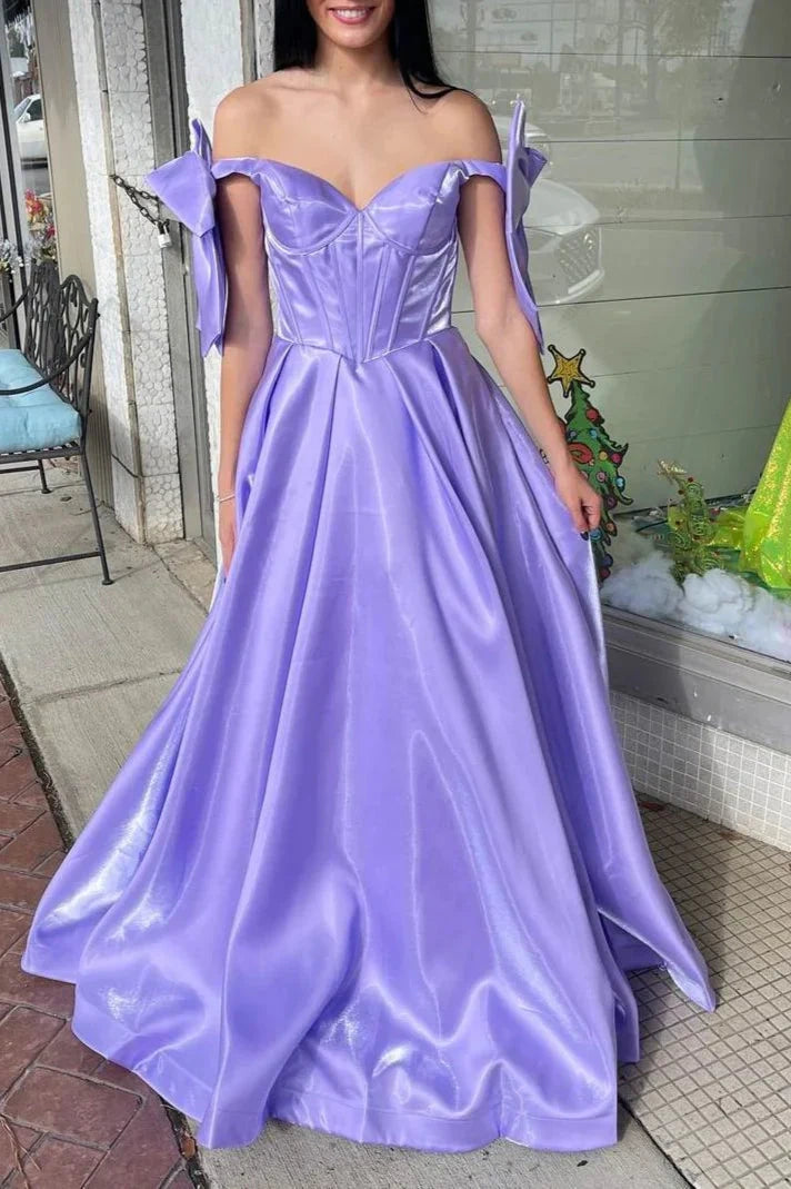 Bargain Bin Off-Shoulder Satin A-Line Long Prom Dress With Bows