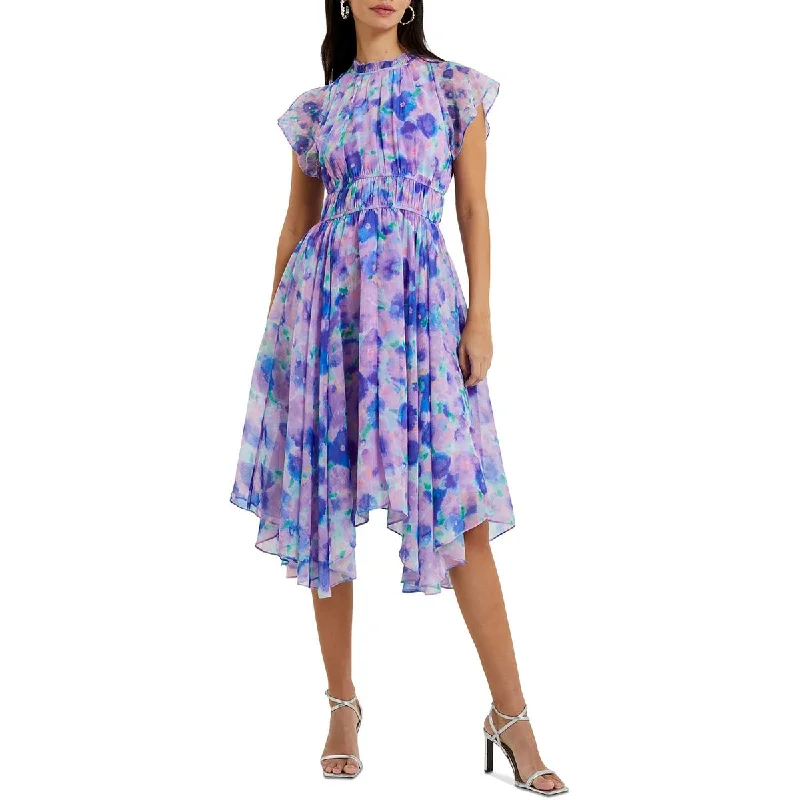 Midnight Sale French Connection Womens Gretha Crinkle Printed Handkerchief Hem Midi Dress
