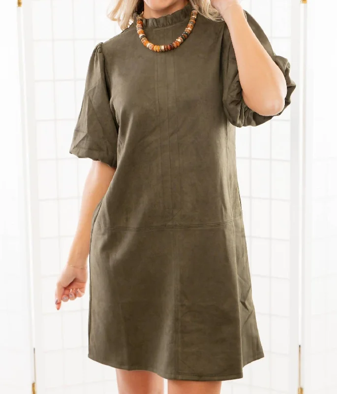 Flash Sale Suede Puff Sleeve Dress In Olive Green