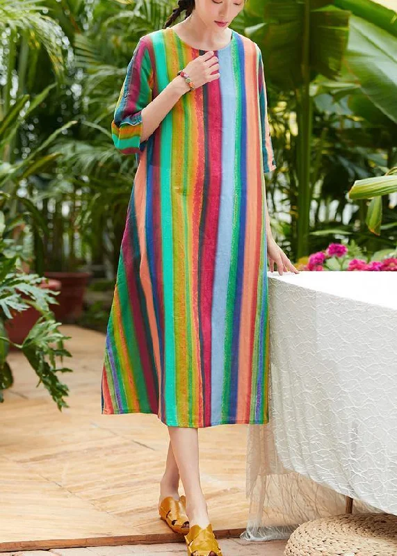 Deal Frenzy Classy multicolor striped linen clothes For Women o neck pockets summer Dresses Deal Frenzy Classy multicolor striped linen clothes For Women o neck pockets summer Dresses