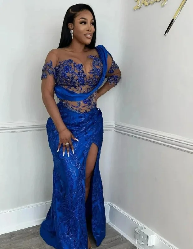 Seasonal Sale Royal Blue Aso Ebi African Evening Dresses Mermaid One-shoulder Lace Slit Long Dubai Saudi Arabic Black Girls Evening Gown Prom Seasonal Sale Royal Blue Aso Ebi African Evening Dresses Mermaid One-shoulder Lace Slit Long Dubai Saudi Arabic Black Girls Evening Gown Prom