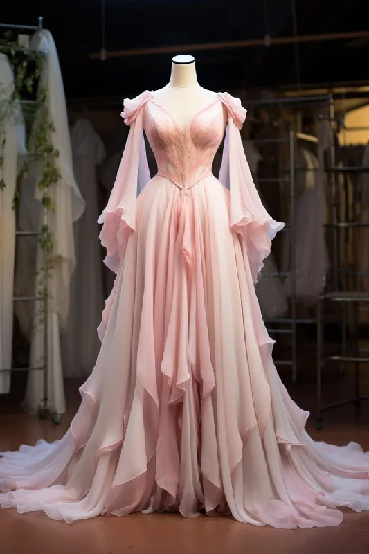 Price Blitz Gorgeous Pink A-Line Ruffles Chiffon Retro Long Formal Evening Party Dress, DP4448