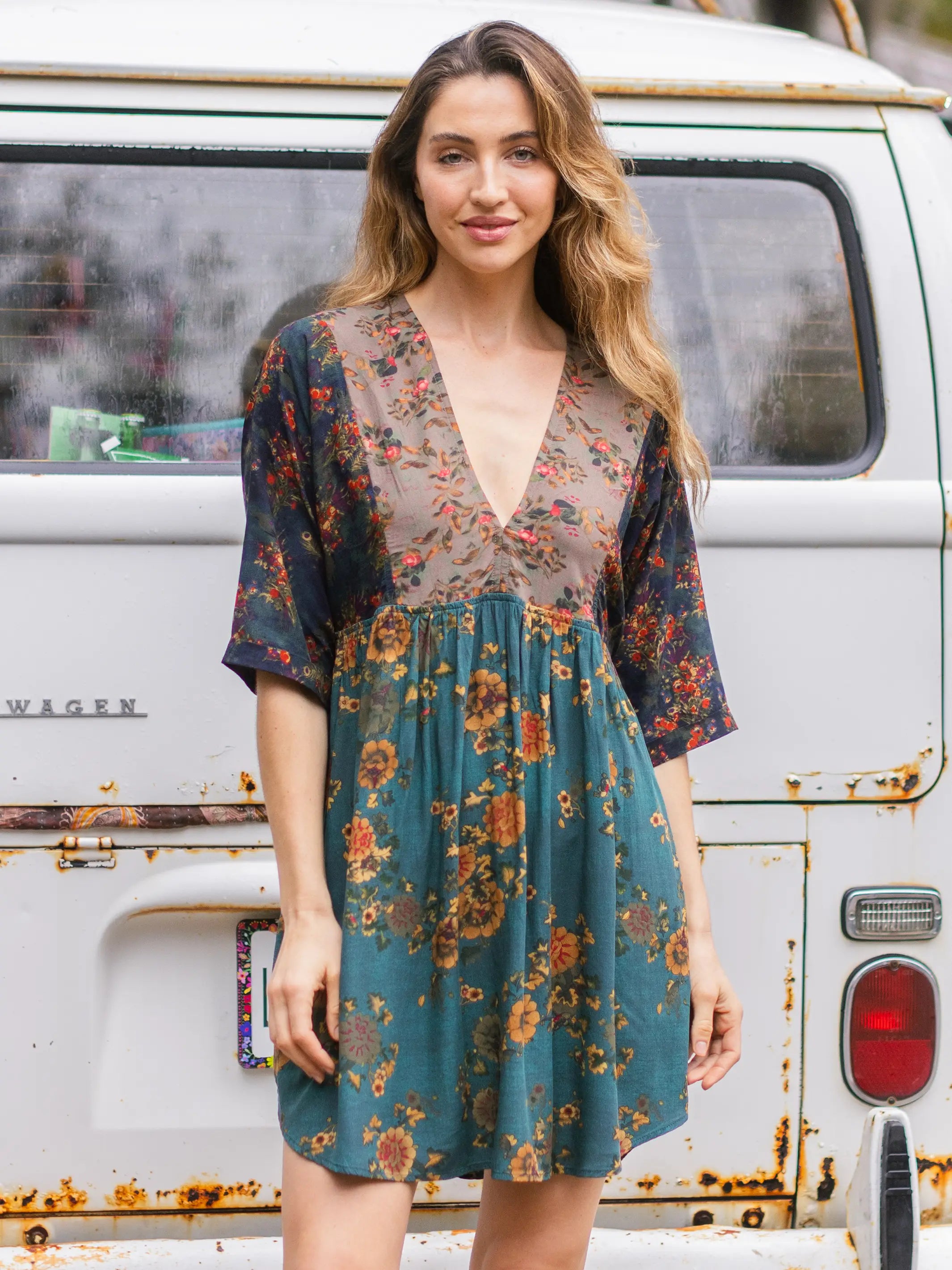 Super Savings Stella V-Neck Mini Dress - Grey Navy Teal Mixed Floral