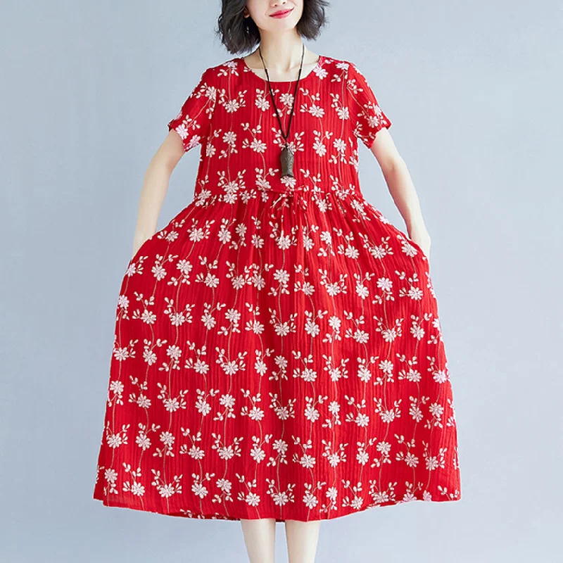 Big Discounts Elegant red Midi-length cotton blended dress Loose fitting traveling clothing New short sleeve print drawstring clothing dress Big Discounts Elegant red Midi-length cotton blended dress Loose fitting traveling clothing New short sleeve print drawstring clothing dress