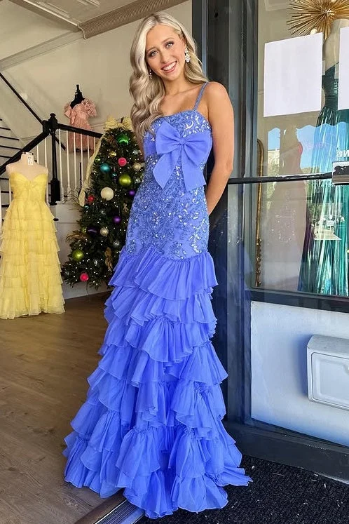 Don't Wait Spaghetti Straps Mermaid Appliques Tiered Party Prom Dress