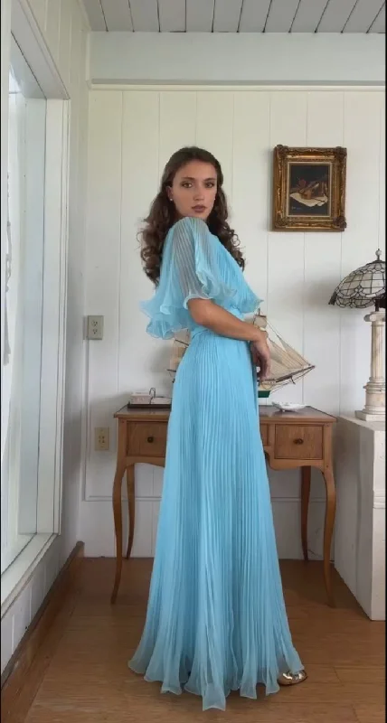 Mega Deal Elegant Blue A-Line Pleated Chiffon Vintage Long Party Dress Birthday Outfits, DP4443 Mega Deal Elegant Blue A-Line Pleated Chiffon Vintage Long Party Dress Birthday Outfits, DP4443