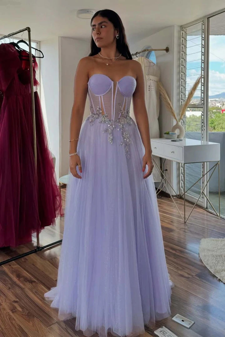 Flash Sale Lilac Sweetheart Sleeveless Tulle A-Line Party Prom Dress