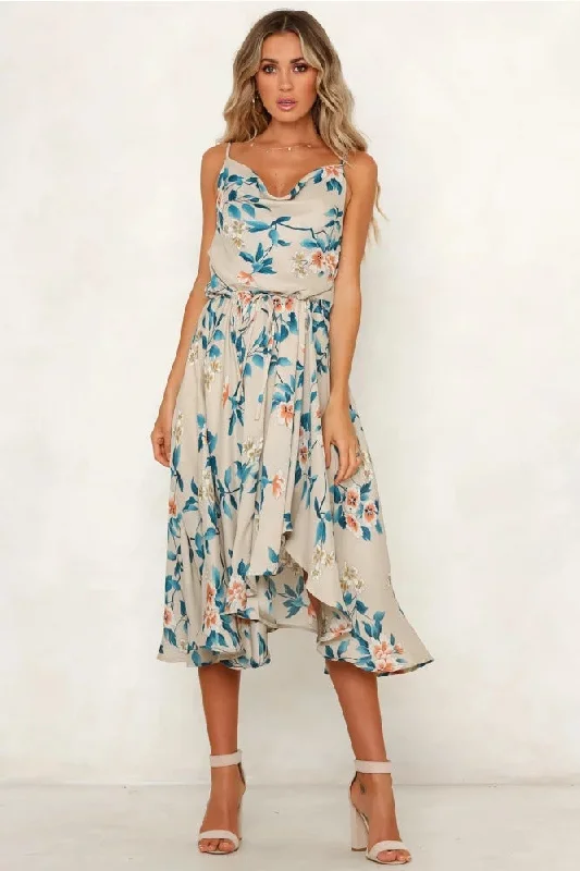 Unmissable Offer Free Shipping Cowl Neck Asymmetrical Floral Summer Dress