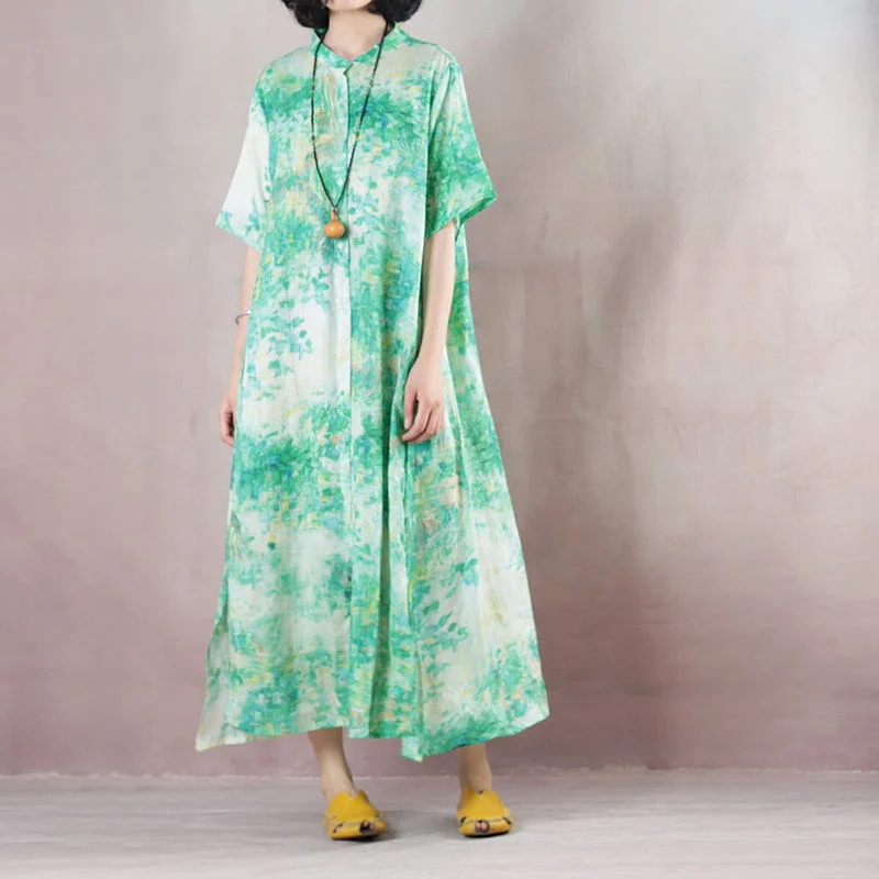Huge Discounts fine green linen caftans oversized Stand gown 2018 short sleeve print kaftans Huge Discounts fine green linen caftans oversized Stand gown 2018 short sleeve print kaftans