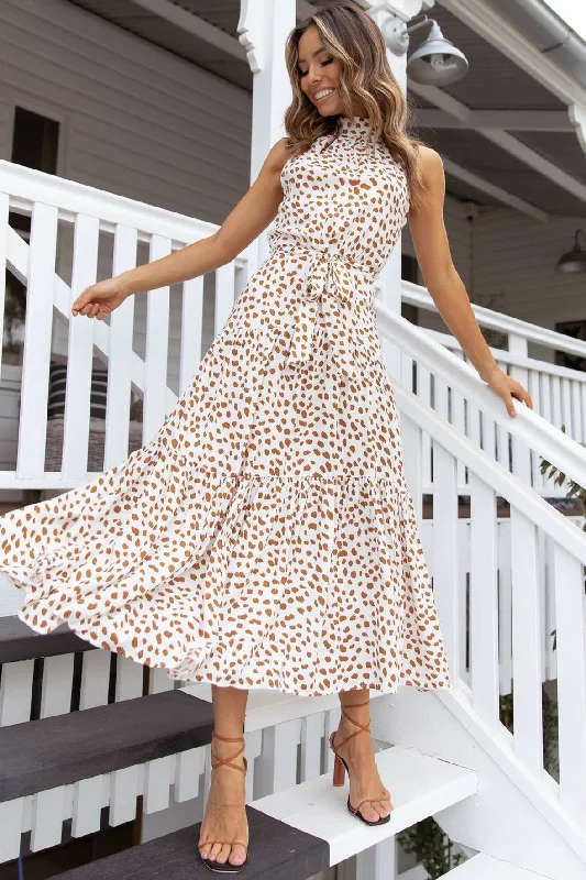 Deal of the Day Free Shipping High Neck Long Dotted Summer Dress with Ribbon