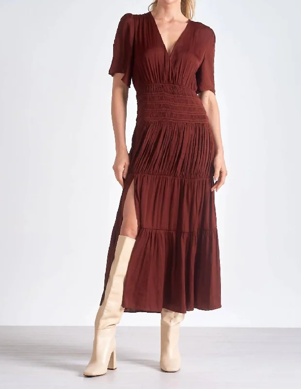 Price Reduction Short Sleeve V-Neck Smocked Waist Dress In Brick