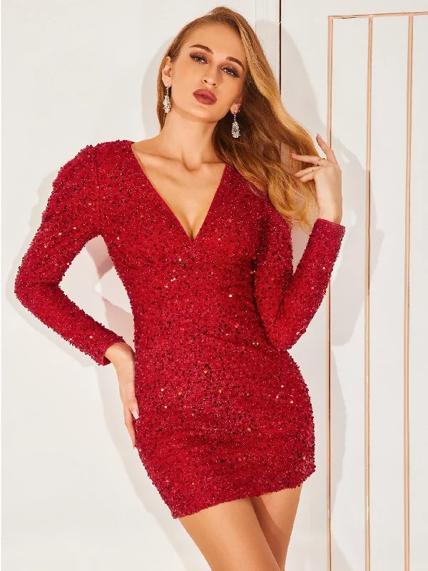 Online Only KittenAlarm - Plunging Neck Gigot Sleeve Sequin Bodycon Dress