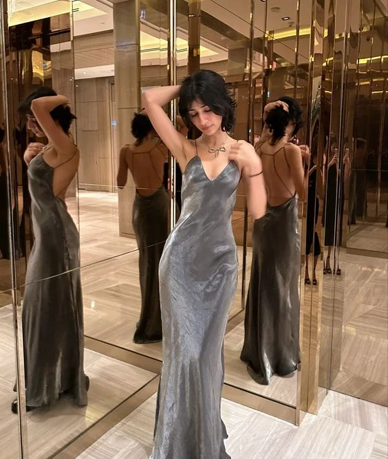 Limited Quantity Silver V Neck Backless Chic Long Party Dress, DP2084