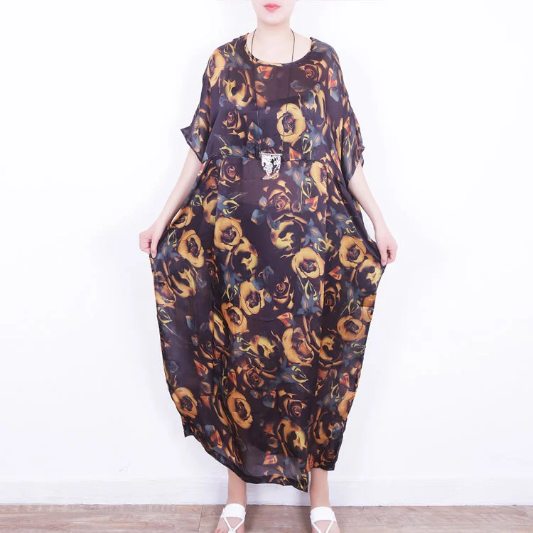 Price Buster fine yellow floral silk dress plus size chiffon clothing patchwork traveling dress Fine o neck kaftans
