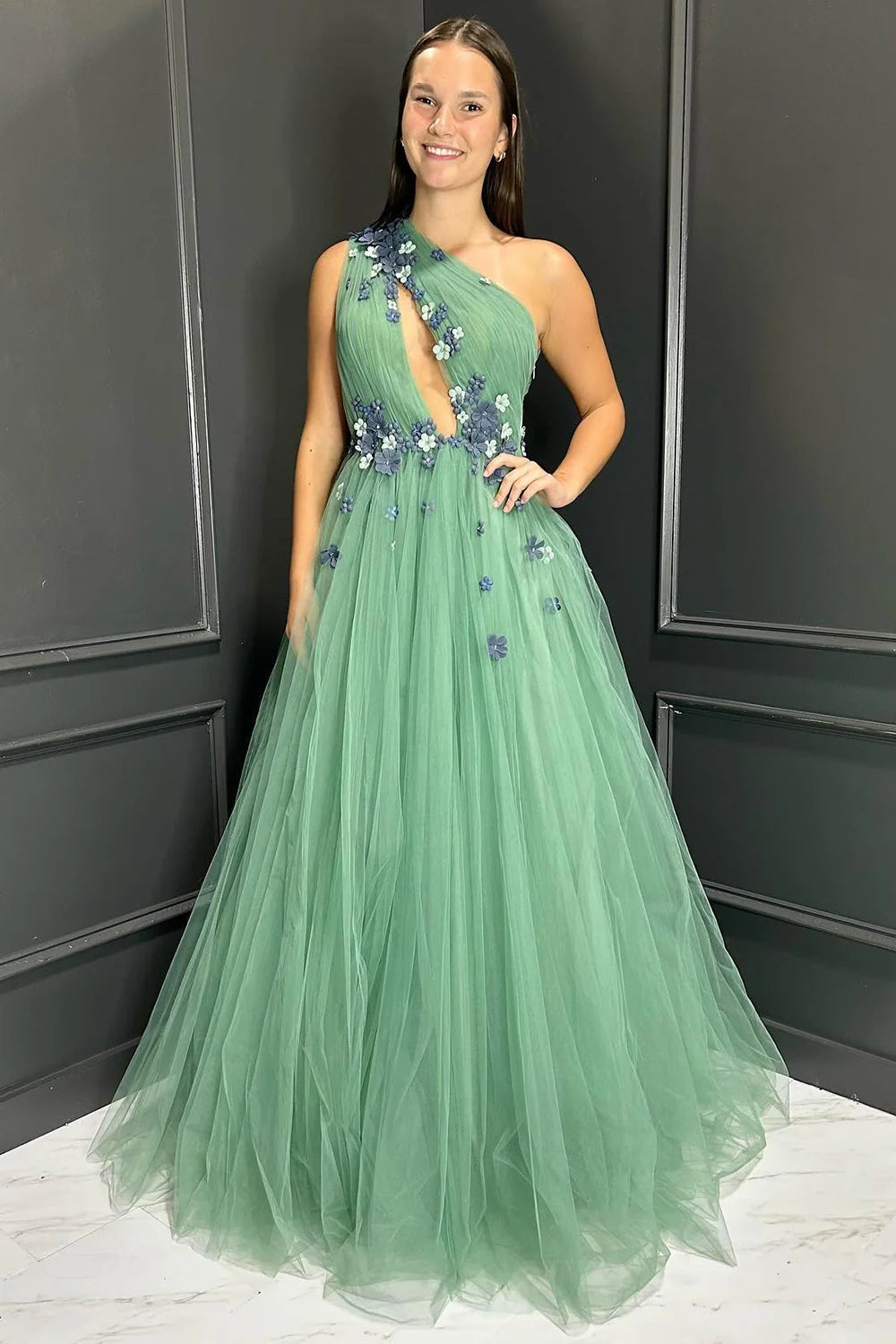 Price Rollback One Shoulder Tulle A-Line Florals Prom Dress