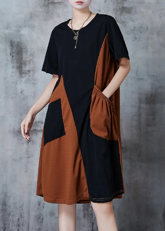 Deal Alert Casual Black Asymmetrical Patchwork Pocket Cotton Dresses Summer