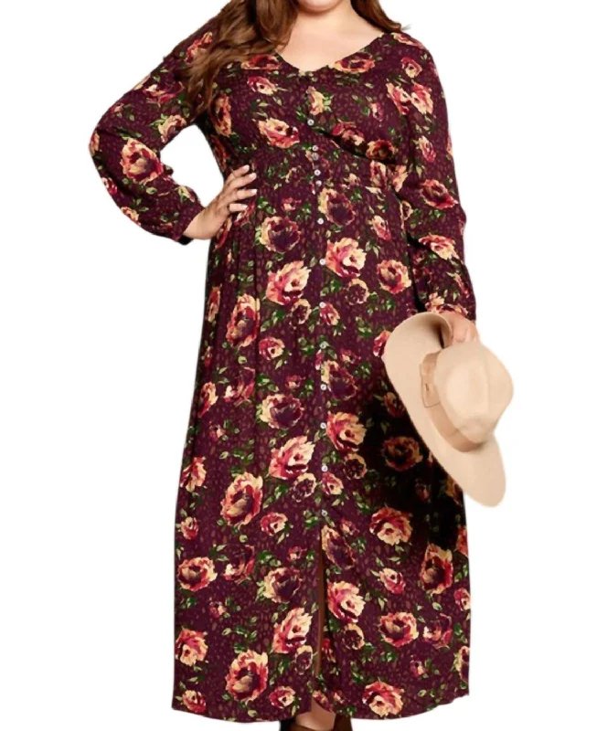 Price Buster Floral Button Down Maxi Dress In Burgundy