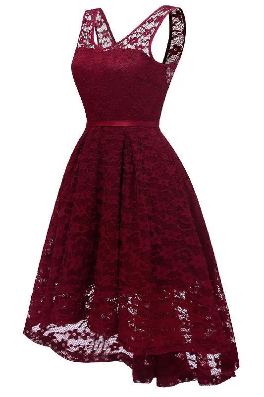 Daily Specials V-Neck Hi-Low Burgundy Party Dress with Ribbon