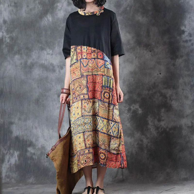 Deal Dash fine black patchwork linen dresses plus size o neck traveling dress New short sleeve baggy dresses linen caftans Deal Dash fine black patchwork linen dresses plus size o neck traveling dress New short sleeve baggy dresses linen caftans