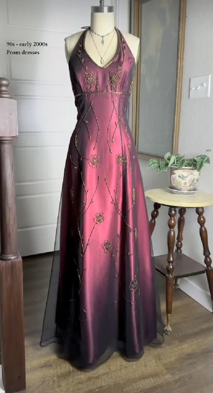 Reduced Prices Burgundy Halter A-Line Beading 90s Vintage Long Prom Dress Evening Gown, DP4469 Reduced Prices Burgundy Halter A-Line Beading 90s Vintage Long Prom Dress Evening Gown, DP4469