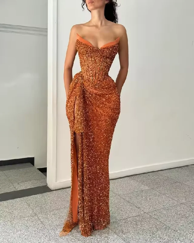 Year-End Sale Hot Orange Sequin Prom Dresses Sheath High Side Slit Satin Celebrity Party Dress Special Occasion Long Prom Gown For Sexy Women Year-End Sale Hot Orange Sequin Prom Dresses Sheath High Side Slit Satin Celebrity Party Dress Special Occasion Long Prom Gown For Sexy Women