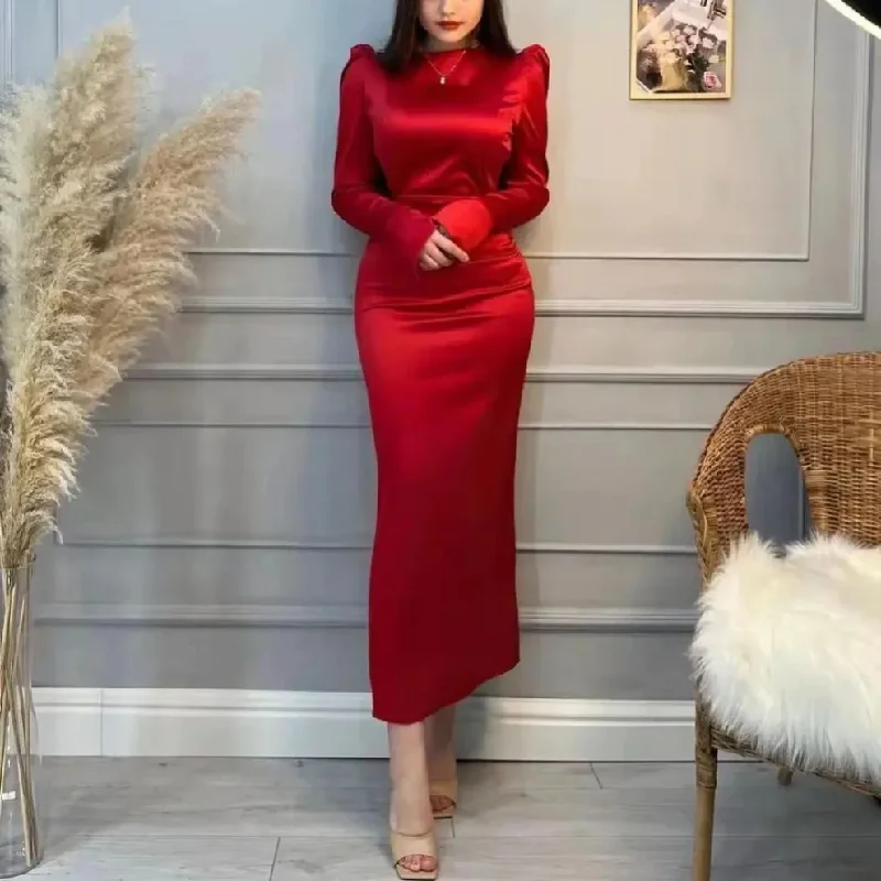 TIME-Limited Offer Red Modest Satin Long Sleeves Simple Classy Evening Dress, DP2227