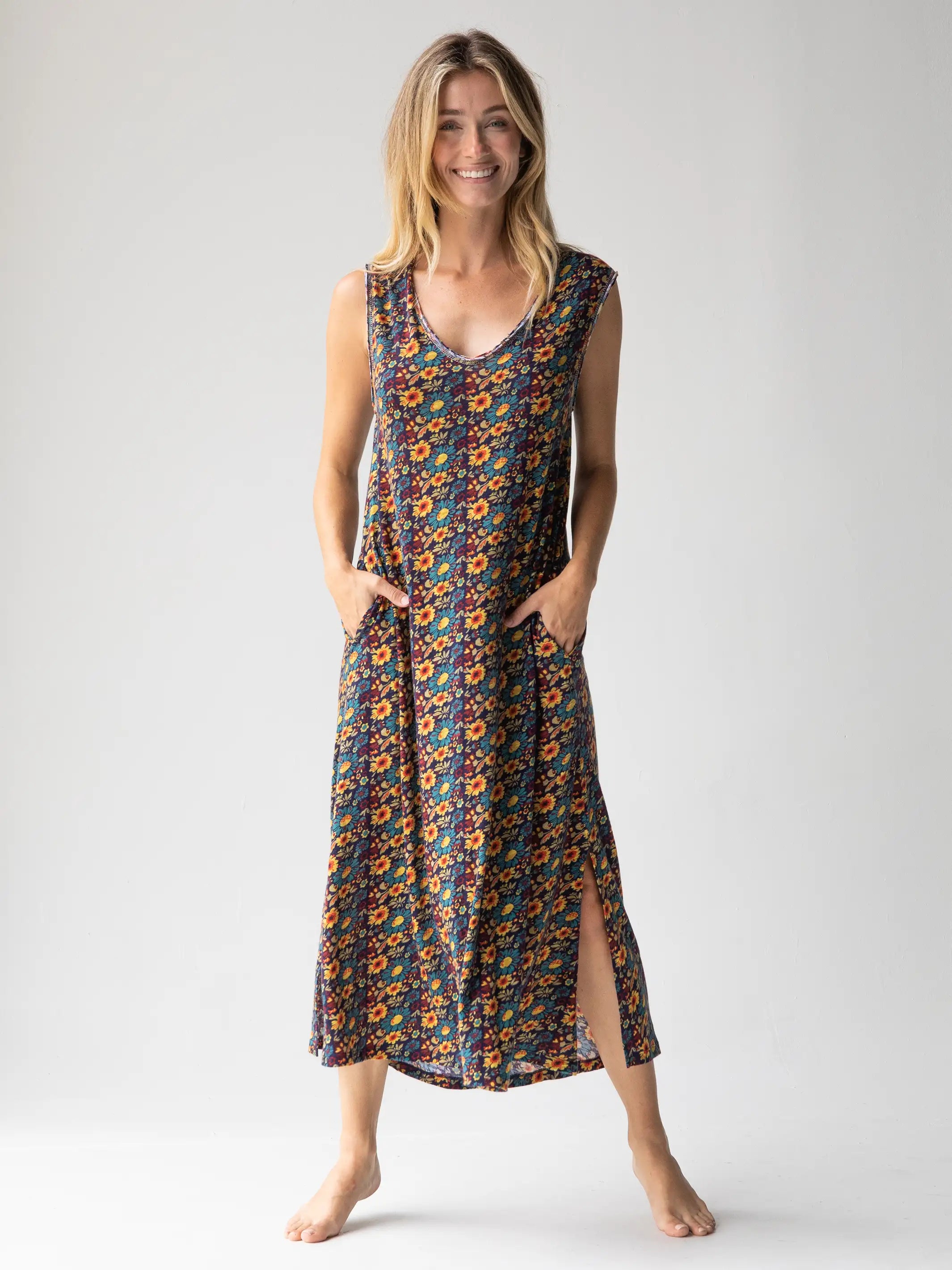 Anniversary Sale Hangout Cotton Midi Dress - Olive Navy Floral