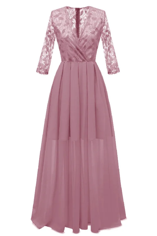 Limited Availability V-Neck Long Sleeves Chiffon Long Pink Party Dress