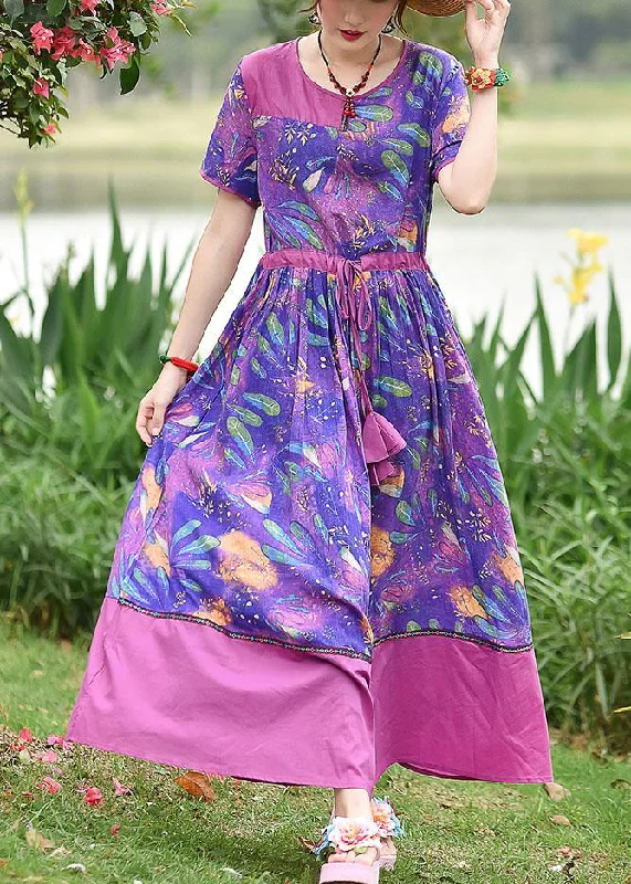 Weekend Deal DIY o neck drawstring cotton clothes Women Outfits purple print Robe Dress summer