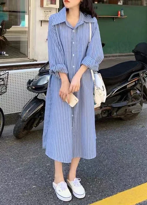 Hurry In Loose Blue Striped Button Cotton Shirts Dress Spring