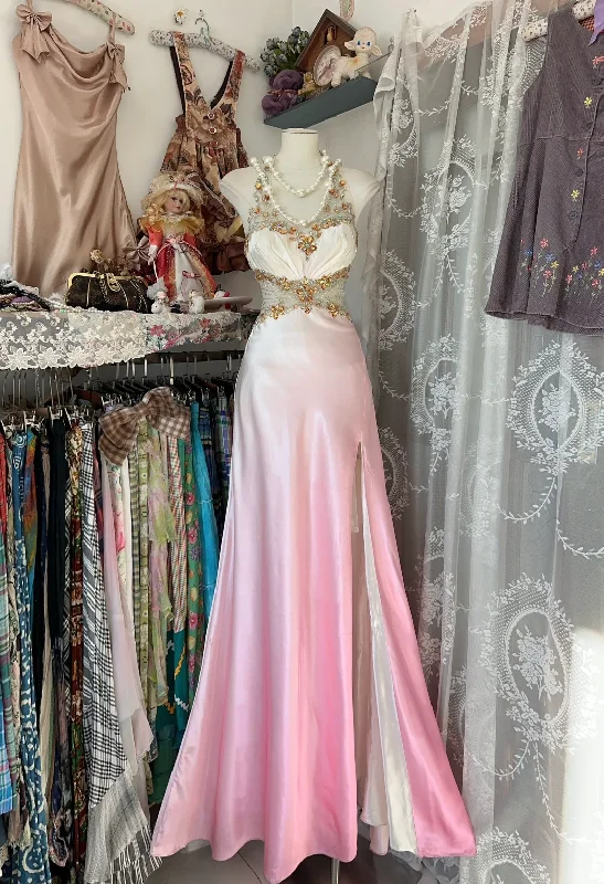 Limited Stock Ombre Pink Halter Beading A-Line Satin Vintage Long Party Dress, DP4461 Limited Stock Ombre Pink Halter Beading A-Line Satin Vintage Long Party Dress, DP4461