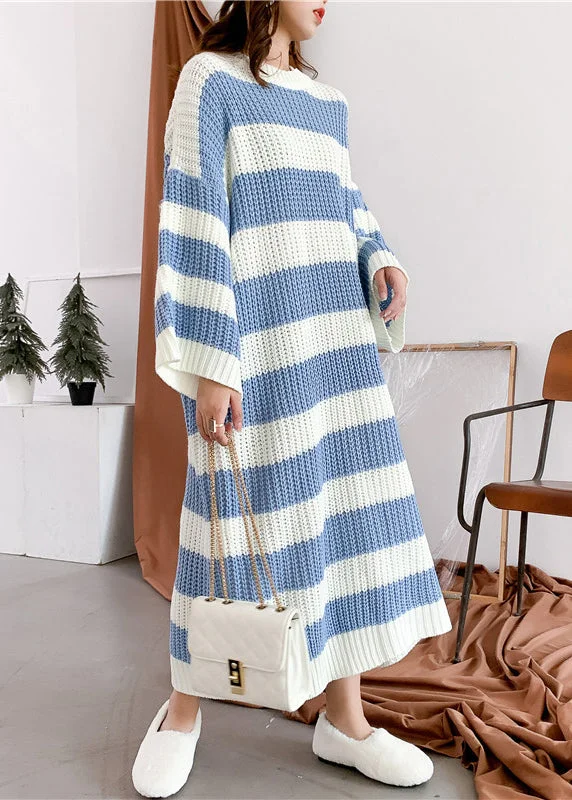 Today’s Special Loose Blue O Neck Striped Knit Sweater Dress Spring