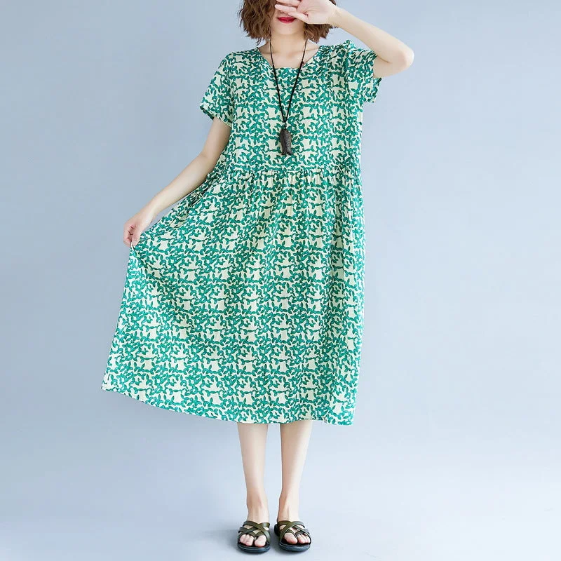 Weekend Special fine green cotton linen dresses plus size short sleeve print baggy dresses long dresses vintage o neck traveling dress Weekend Special fine green cotton linen dresses plus size short sleeve print baggy dresses long dresses vintage o neck traveling dress