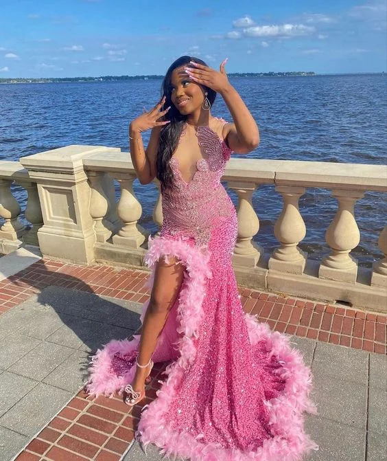 Major Savings Gorgeous Pink Appliques Sequins Black Girl Long Party Dress with Feather, DP2110