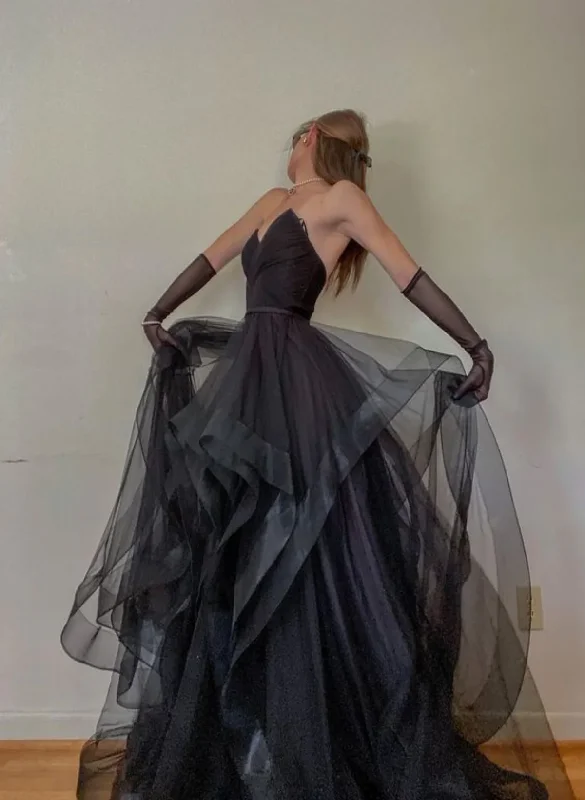 Get It Before It’s Gone Black A-Line Tulle Layers Sweetheart Long Prom Dress Evening Gown, DP2082