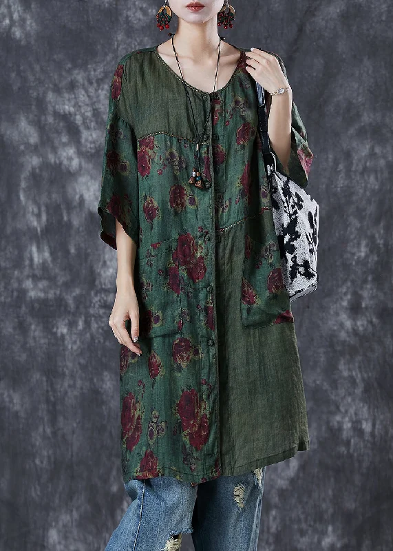 Big Discounts Tea Green Patchwork Linen Dress Print Pockets Summer