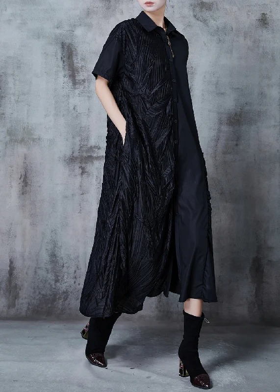 Savings Event Loose Black Asymmetrical Patchwork Wrinkled Cotton Dress Summer
