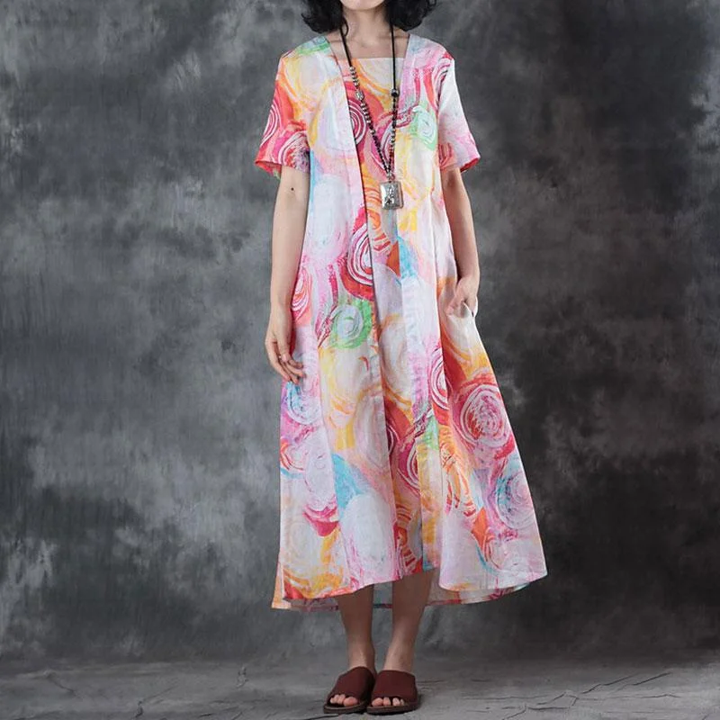 Final Markdown Elegant pure linen tops trendy plus size False Two-piece Short Sleeve Printed Summer Dress