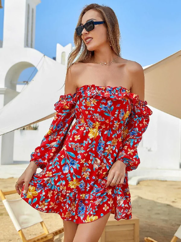 Deal Alert KittenAlarm - Women's Spring And Summer Shoulder Off Red Floral Print Ruffle Hem Elastic Waist Dress Deal Alert KittenAlarm - Women's Spring And Summer Shoulder Off Red Floral Print Ruffle Hem Elastic Waist Dress