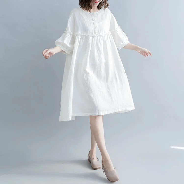 Act Fast fashion white cotton linen knee dress plus size clothing cotton linen clothing dresses New lantern sleeve Cinched o neck baggy dresses Act Fast fashion white cotton linen knee dress plus size clothing cotton linen clothing dresses New lantern sleeve Cinched o neck baggy dresses