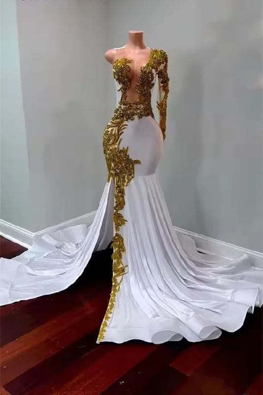 Blowout Sale White Mermaid Prom Dresses Black Girls Gold Beads Crystal Split One Shoulder Long Sleeves Birthday Luxury Dress Customized Blowout Sale White Mermaid Prom Dresses Black Girls Gold Beads Crystal Split One Shoulder Long Sleeves Birthday Luxury Dress Customized